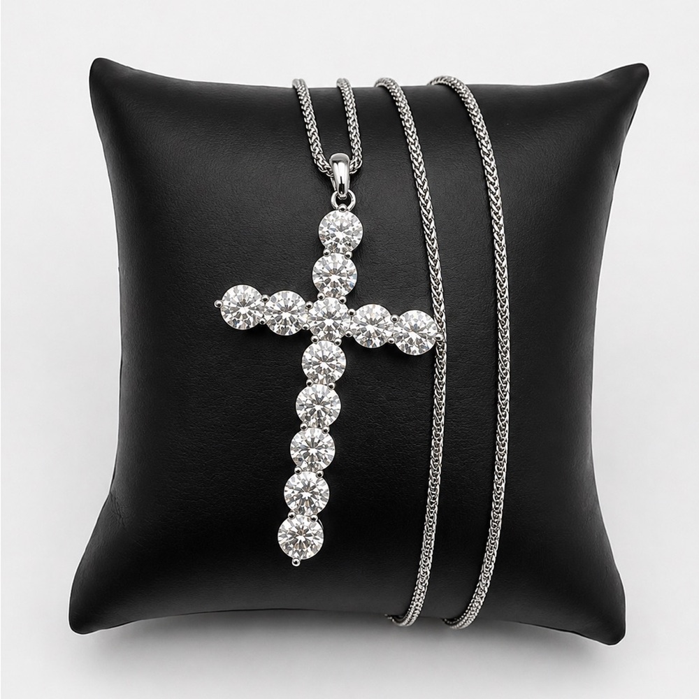 925 Sterling Silver 6.00CT MOISSANITE Cross Pendant Necklace Size 18”